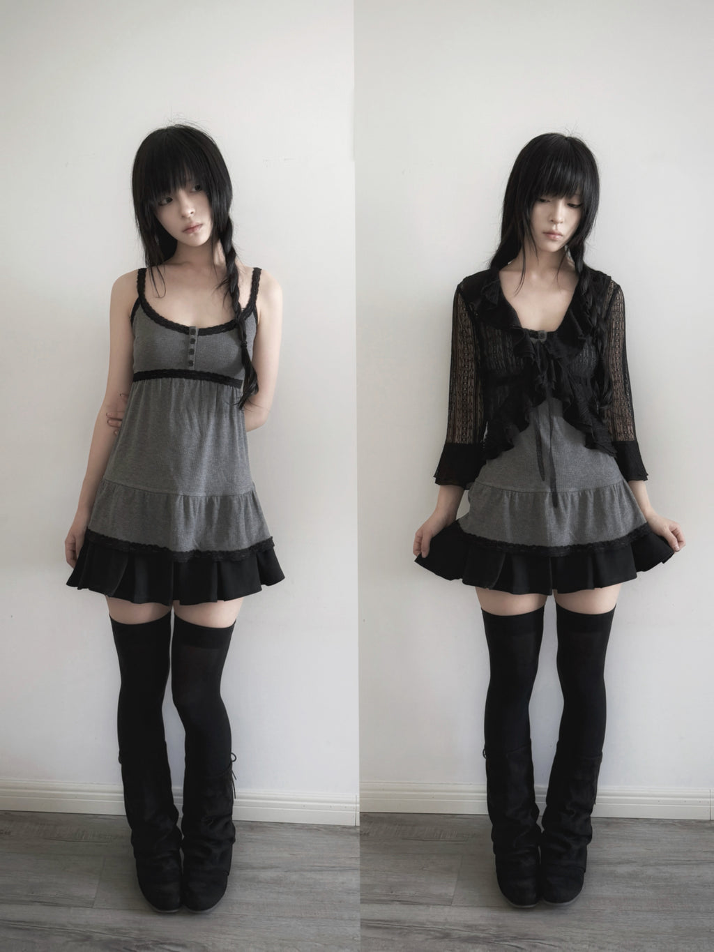 Lace Gray|Cami Top Adjustable Straps, Lace Trim, Cropped Layered Gray Aesthetic
