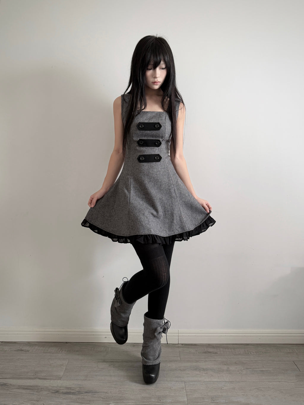 Lace Gray|Limited‑run Retro‑Inspired Long Pinafore Dress, Wool‑Blend with Strap‑Loops & Double‑Breasted Buttons