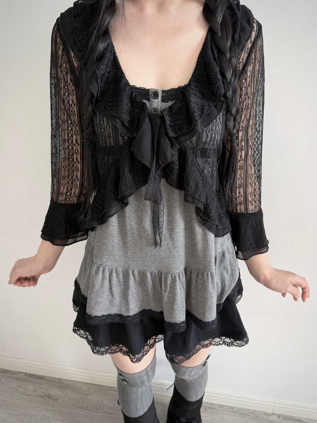 Lace Gray|Black Lace Tie-Front Cardigan with Ruffle Hem 3/4 Sleeves, Coquette Aesthetic Layered Top