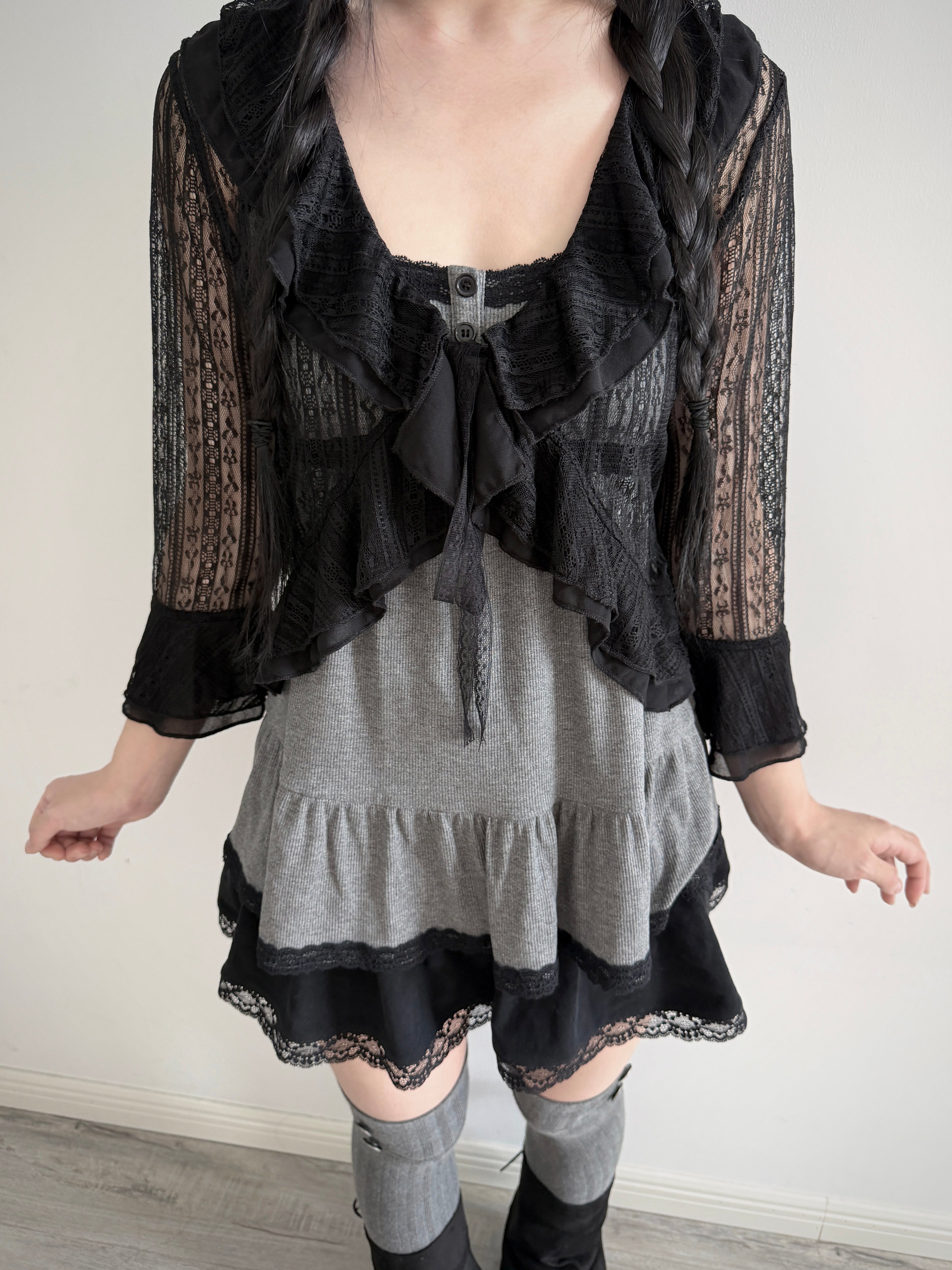 Lace Gray|Black Lace Tie-Front Cardigan with Ruffle Hem 3/4 Sleeves, Coquette Aesthetic Layered Top