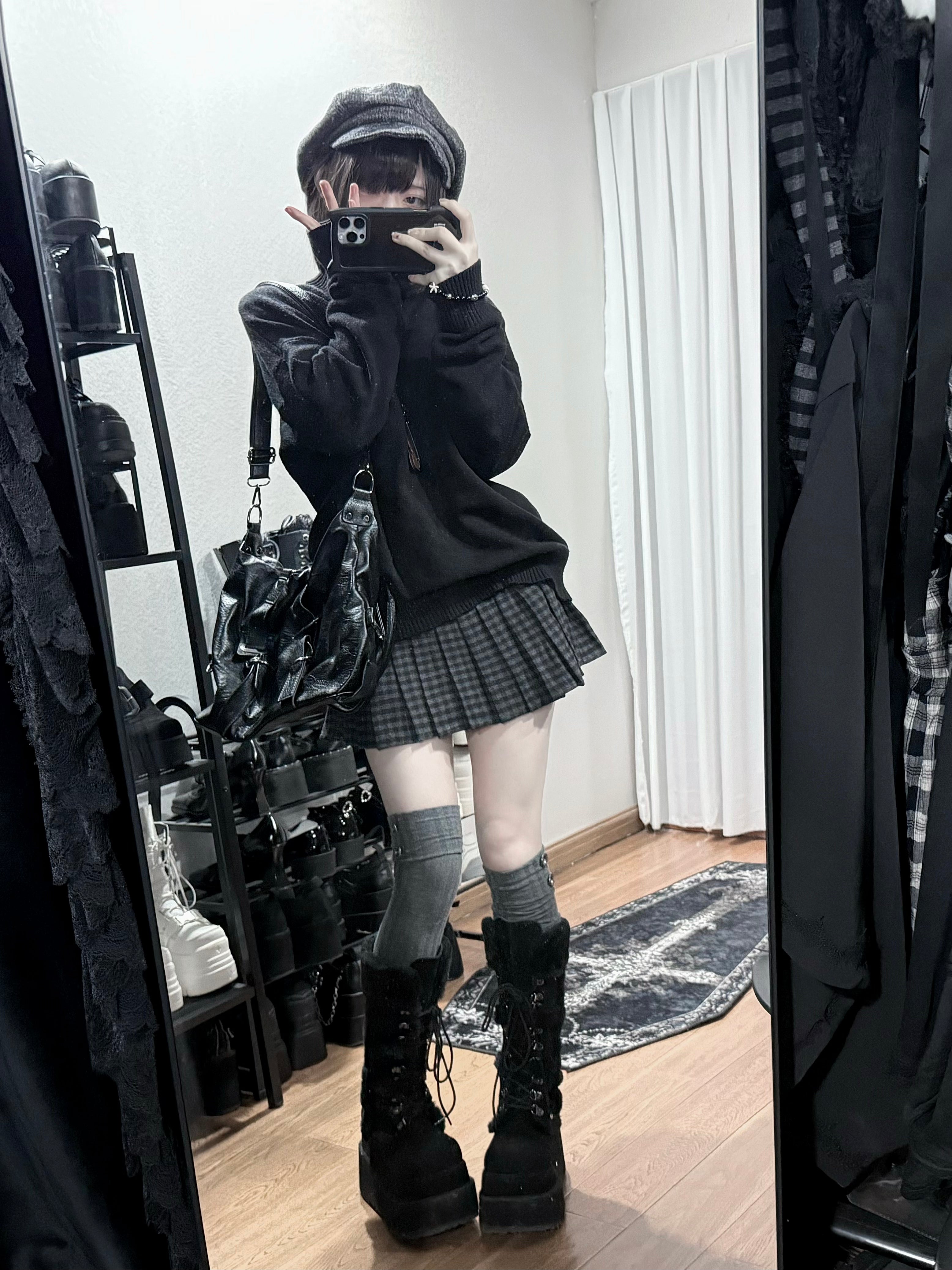 Lace Gray｜Wool Blend Black & Gray Plaid Skirt, Mid-Waist, Versatile Pleated short Skirt