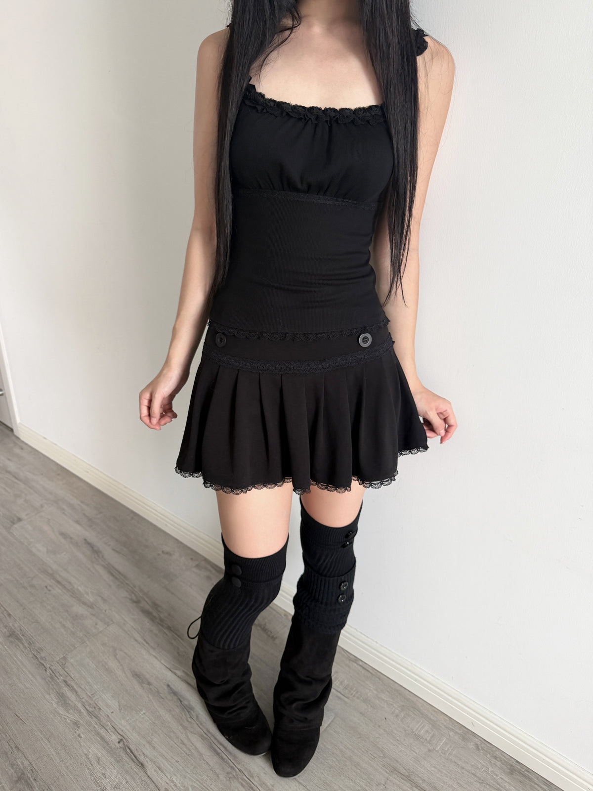 Lace Gray | Black Rose Lace Cami Top, Black Slim Ribbed Dark Coquette Original Design