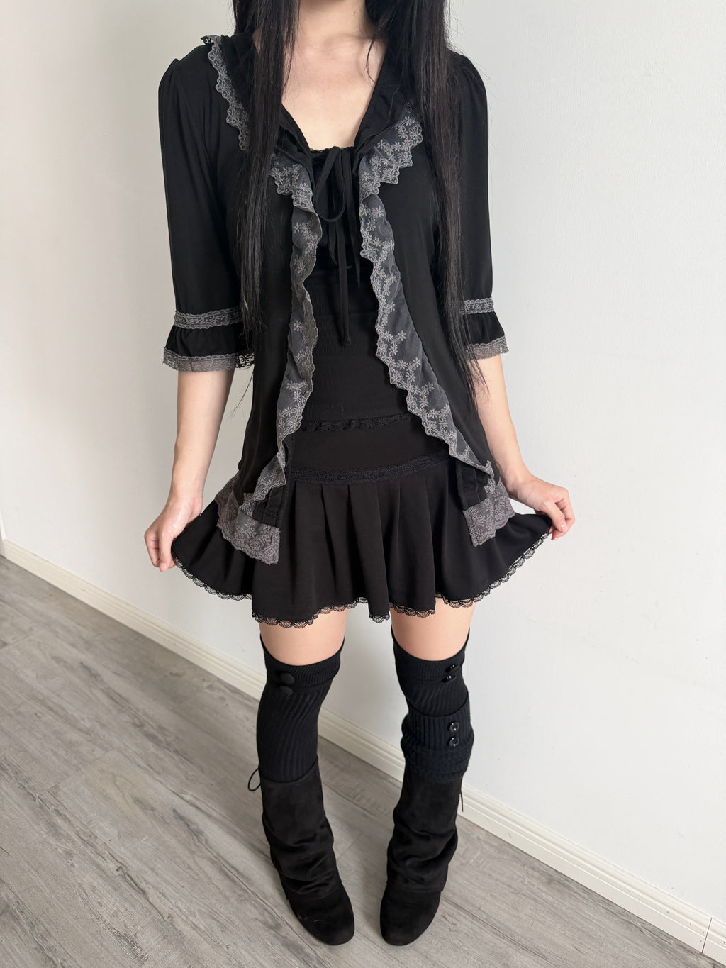 Lace Gray | Grey Lace Cardigan, Dark Layered Frill Tie Outerwear Original Dark Coquette