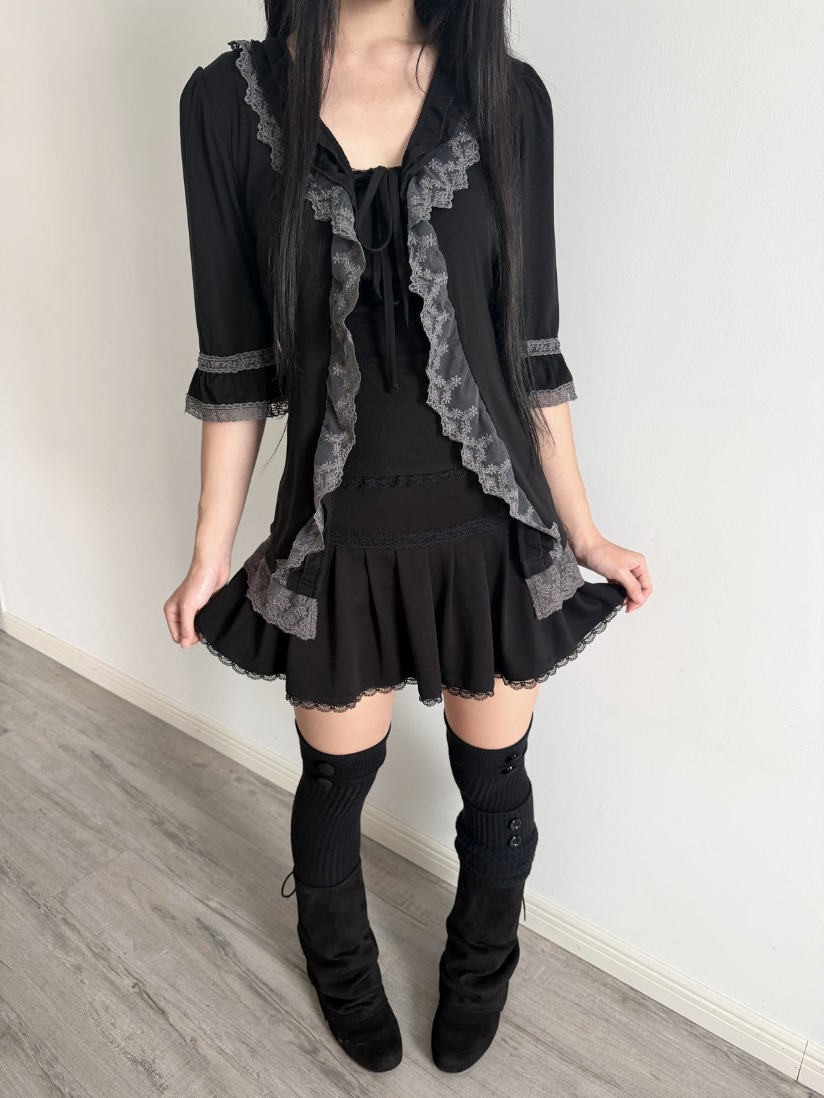 Lace Gray | Grey Lace Cardigan, Dark Layered Frill Tie Outerwear Original Dark Coquette