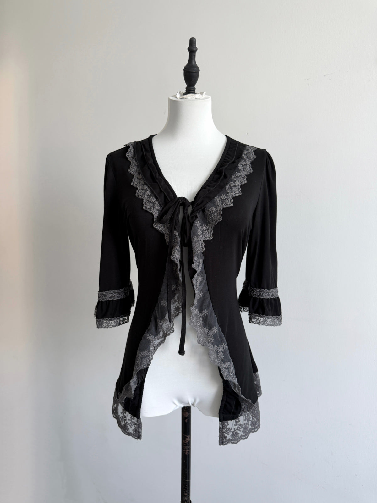 Lace Gray | Grey Lace Cardigan, Dark Layered Frill Tie Outerwear Original Dark Coquette