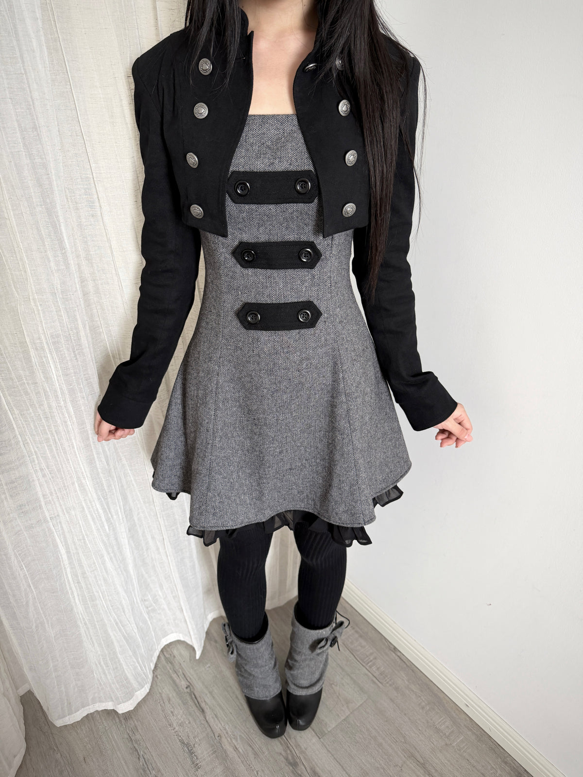 Lace Gray|Limited‑run Retro‑Inspired Long Pinafore Dress, Wool‑Blend with Strap‑Loops & Double‑Breasted Buttons
