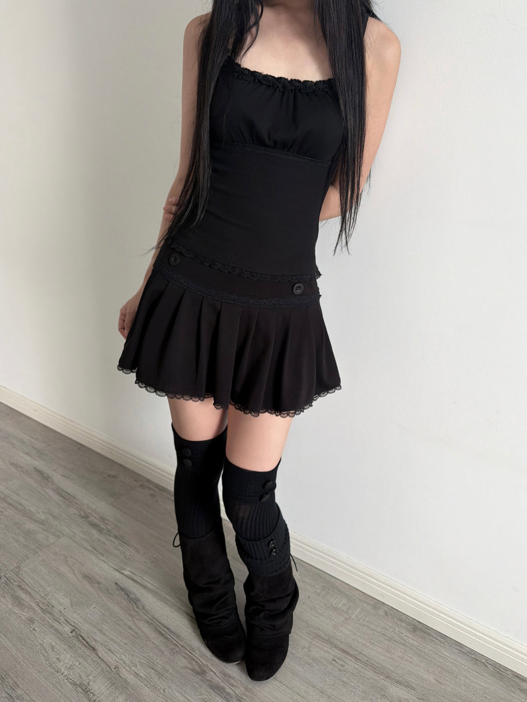 Lace Gray | Black Rose Lace Cami Top, Black Slim Ribbed Dark Coquette Original Design