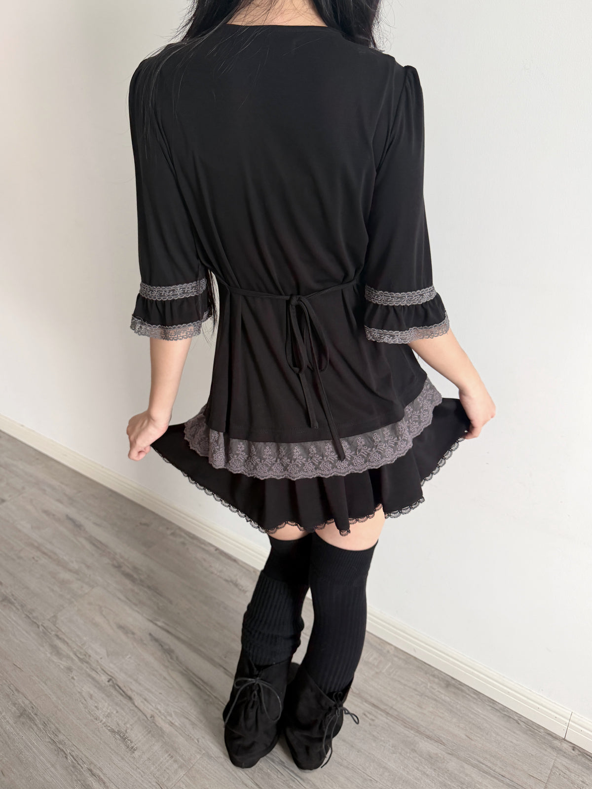 Lace Gray | Grey Lace Cardigan, Dark Layered Frill Tie Outerwear Original Dark Coquette