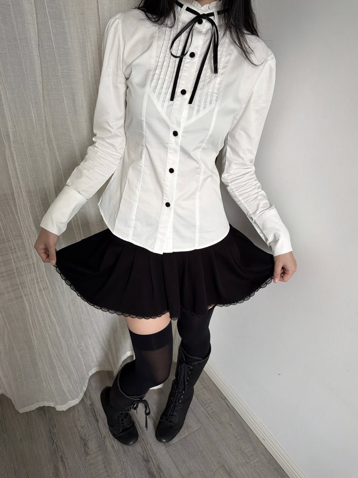 Lace Gray | Accordion‑Pleated Tie Stand‑Collar Cotton Blouse Fitted Waist