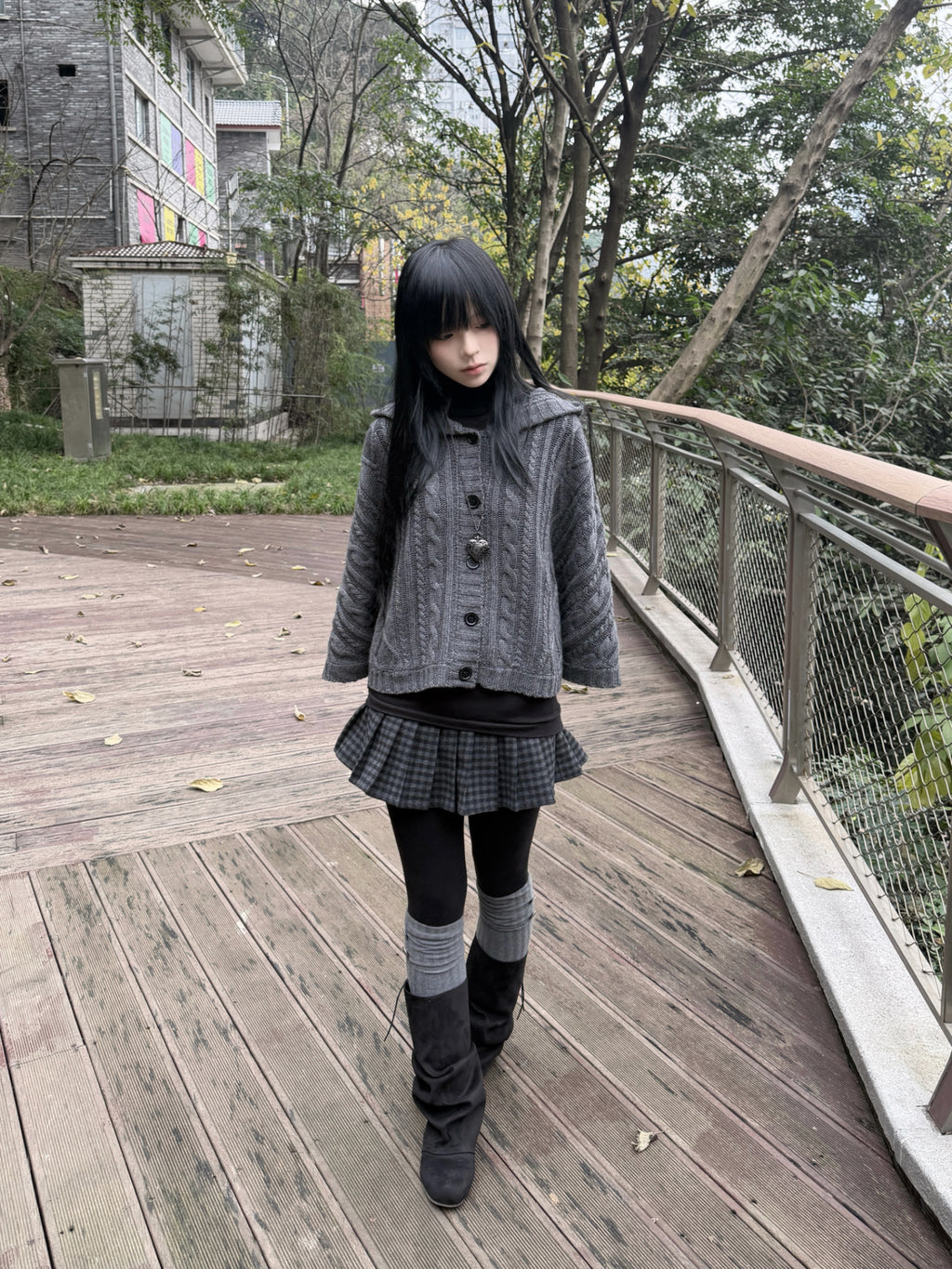Lace Gray｜Vintage vibe Knit Hooded poncho Batwing Loose