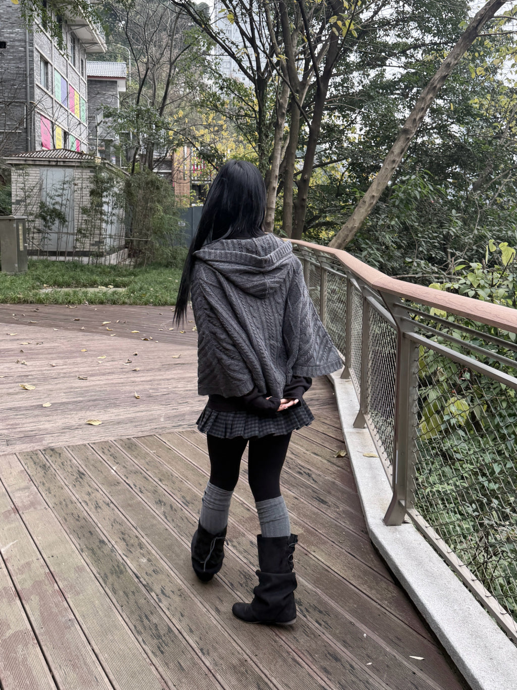 Lace Gray｜Vintage vibe Knit Hooded poncho Batwing Loose