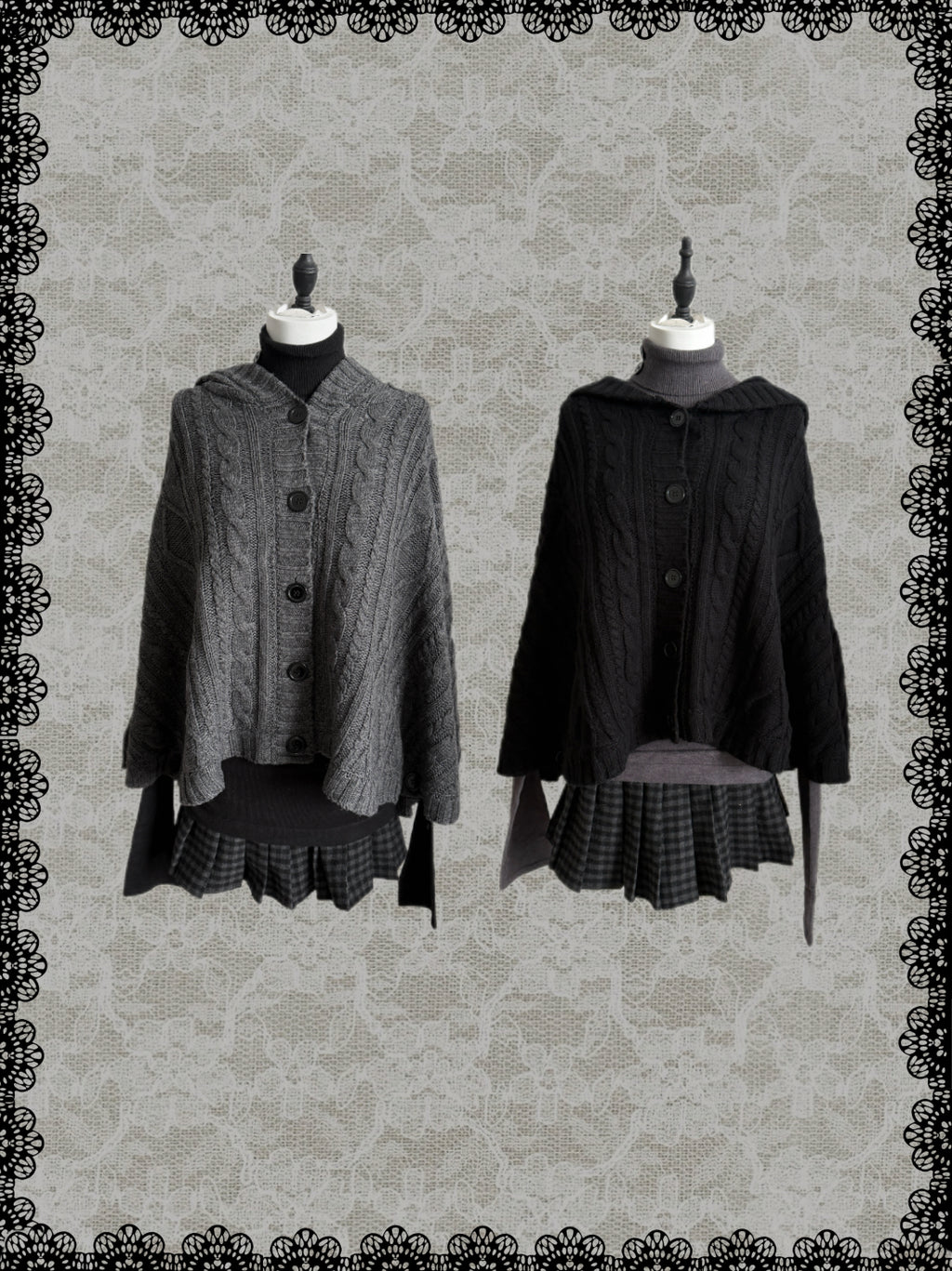 Lace Gray｜Vintage vibe Knit Hooded poncho Batwing Loose