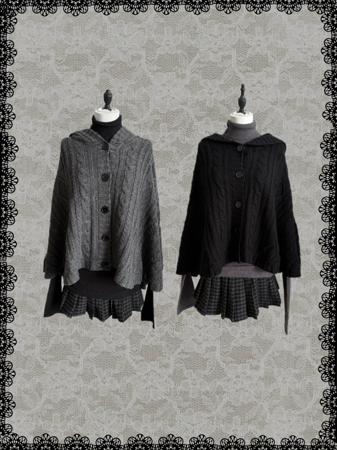 Lace Gray｜Vintage vibe Knit Hooded Cape Batwing Loose
