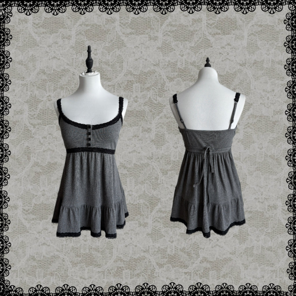 Lace Gray|Cami Top Adjustable Straps, Lace Trim, Cropped Layered Gray Aesthetic