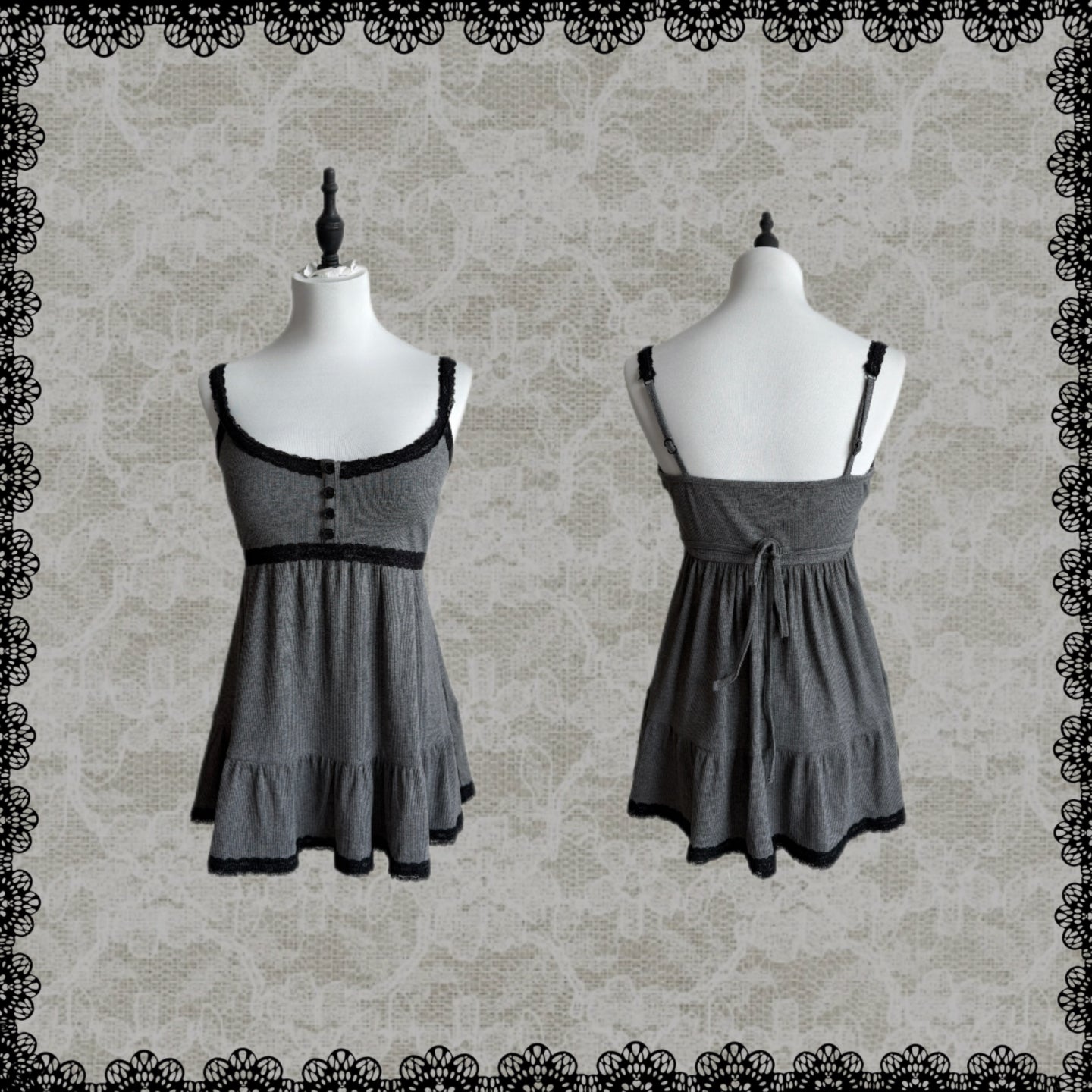Lace Gray|Cami Top Adjustable Straps, Lace Trim, Cropped Layered Gray Aesthetic