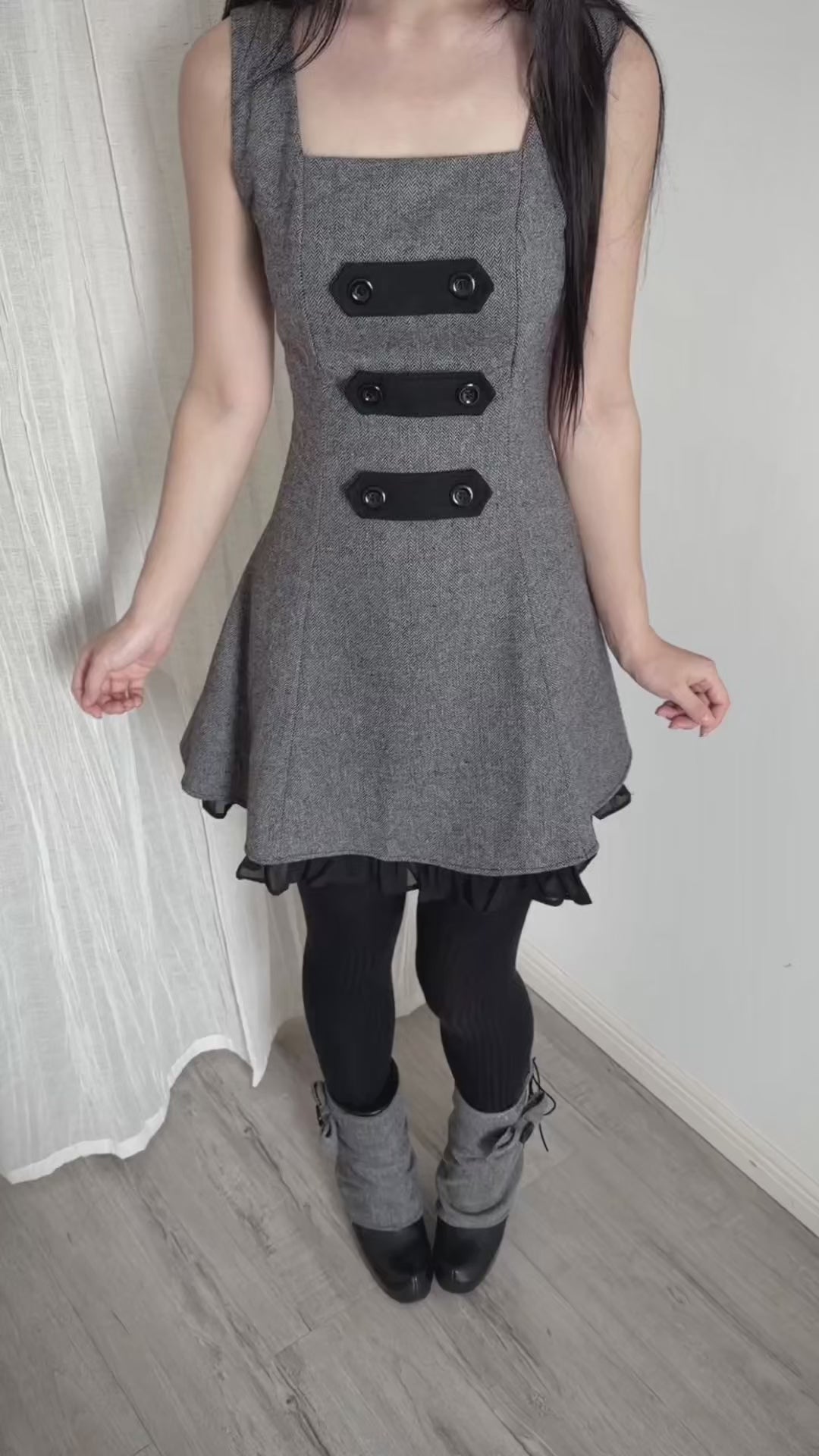 Lace Gray|Limited‑run Retro‑Inspired Long Pinafore Dress, Wool‑Blend with Strap‑Loops & Double‑Breasted Buttons